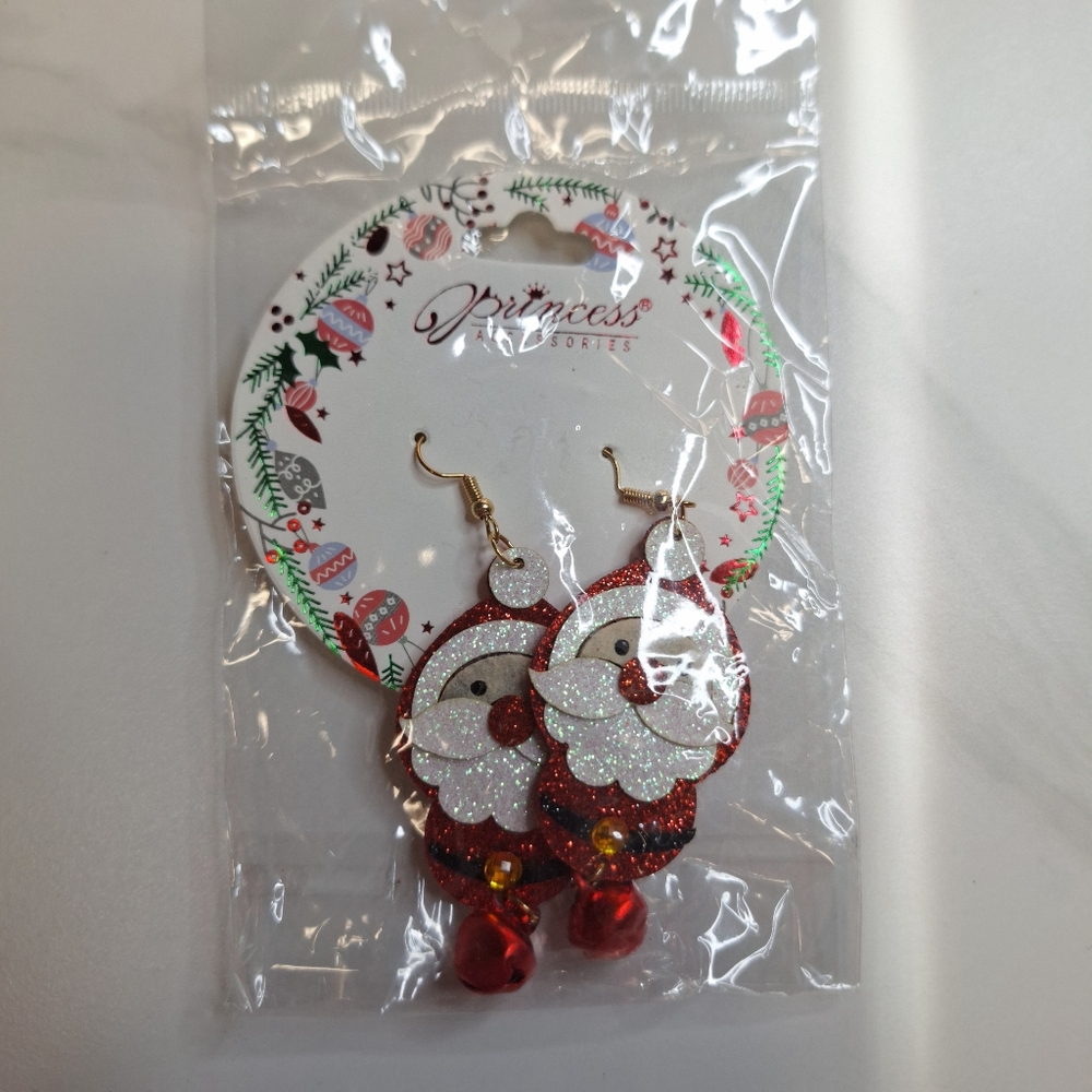Princess Christmas Glitter Felt Santa Claus Jingle Bell Dangle Gold Tone Earring